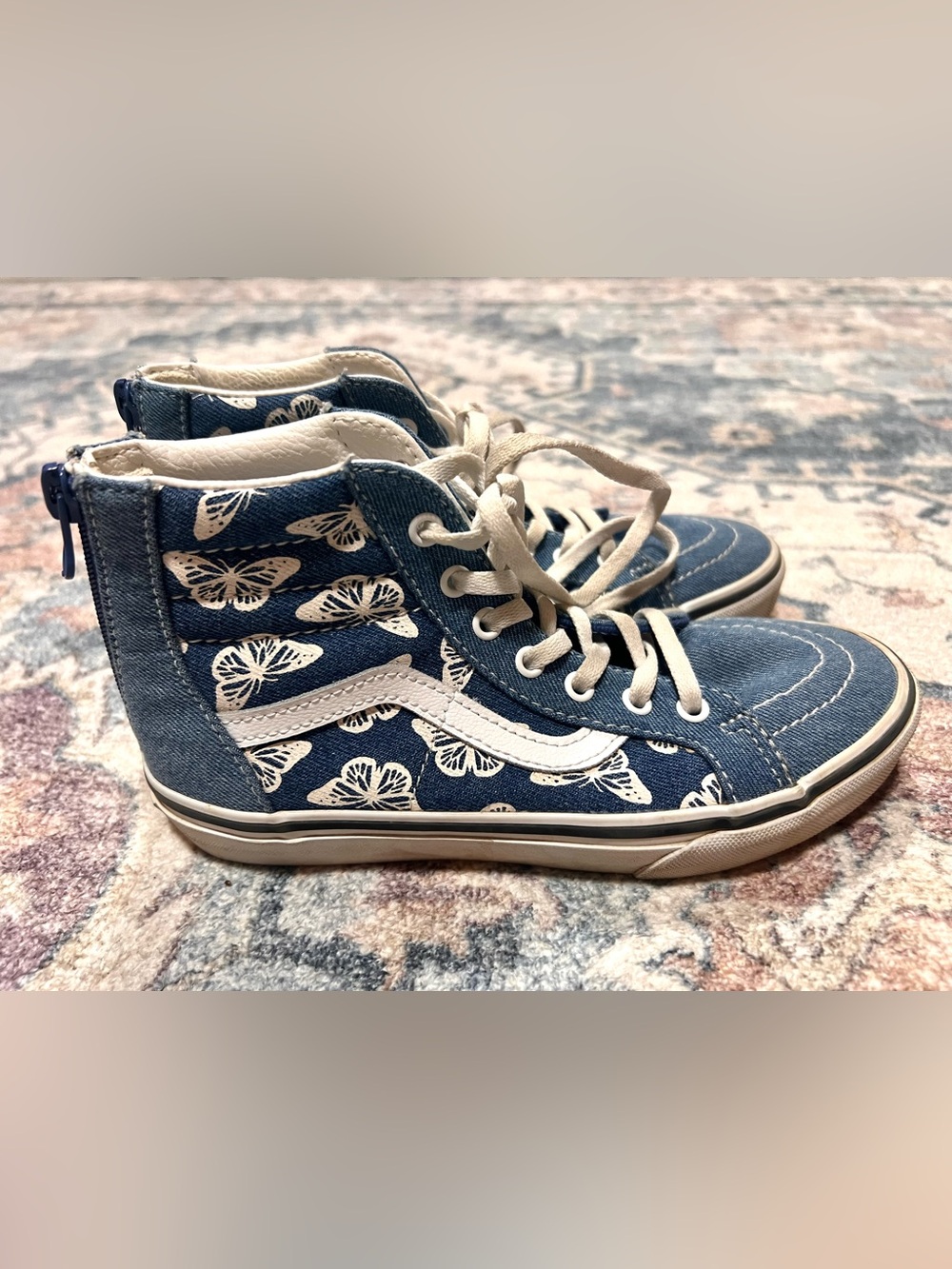VANS Kids Sk8-Hi Zip Denim Shoes True White Butterfly Print